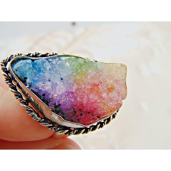 Ametrine Ring Rough Cut Crystal Stone 925 Marked Sterling Silver Plated Size 8 - Picture 6 of 12